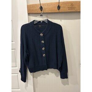 Quince Sweater Women Sz Medium Blue Organic Cotton Cropped Cardigan Chunky Cozy